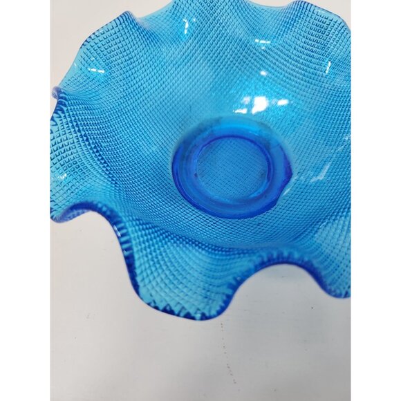 Vintage Colony Italy Blue Waffle Glass Candy Dish Ice Cream Bowl Ruffled Edge - Picture 3 of 7